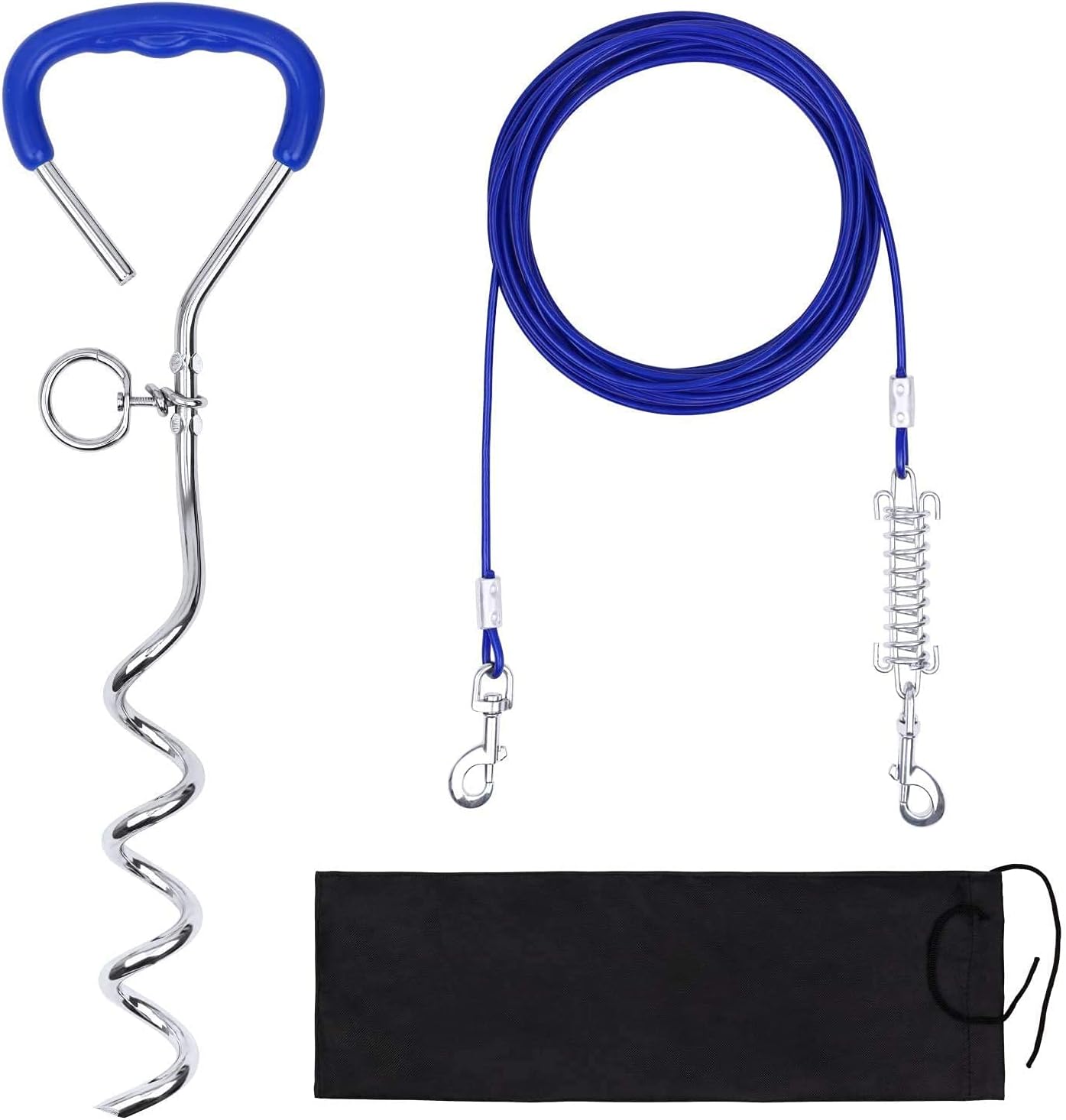 AK KYC Dog Tie Out Cable and Stake 30ft with Reinforced Metal Snaps and Buffer Spring,Runner with Dog in The Yard,Training in Camping,…