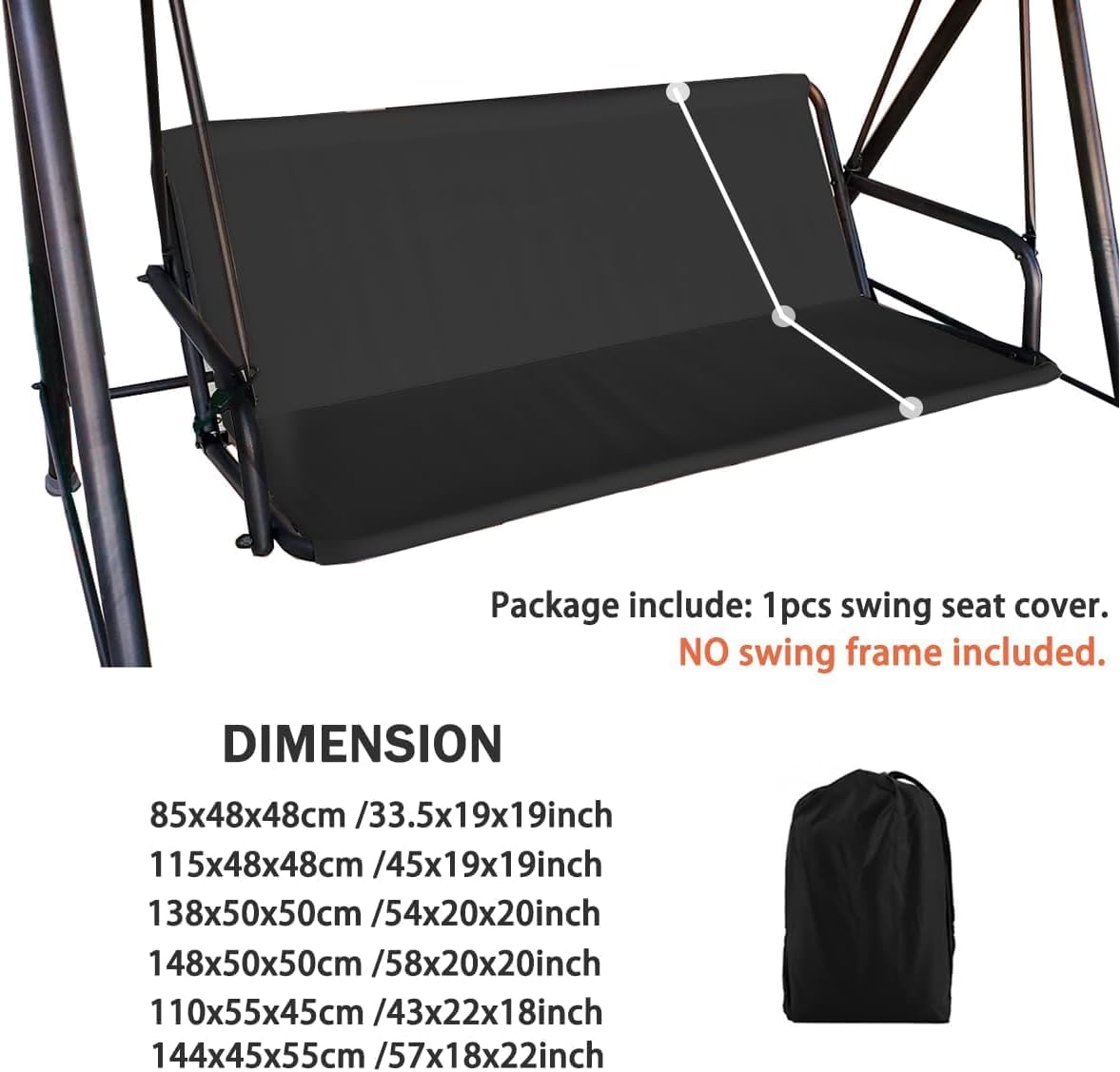 J&C Patio Swing Seat Cover Replacement 600D Heavy Duty Swing Cushion Cover Outdoor Swing Seat Support Waterproof UV Resistant for 3 Seater Durable Swing Covers for Frame (62x20.4x20.4inch)