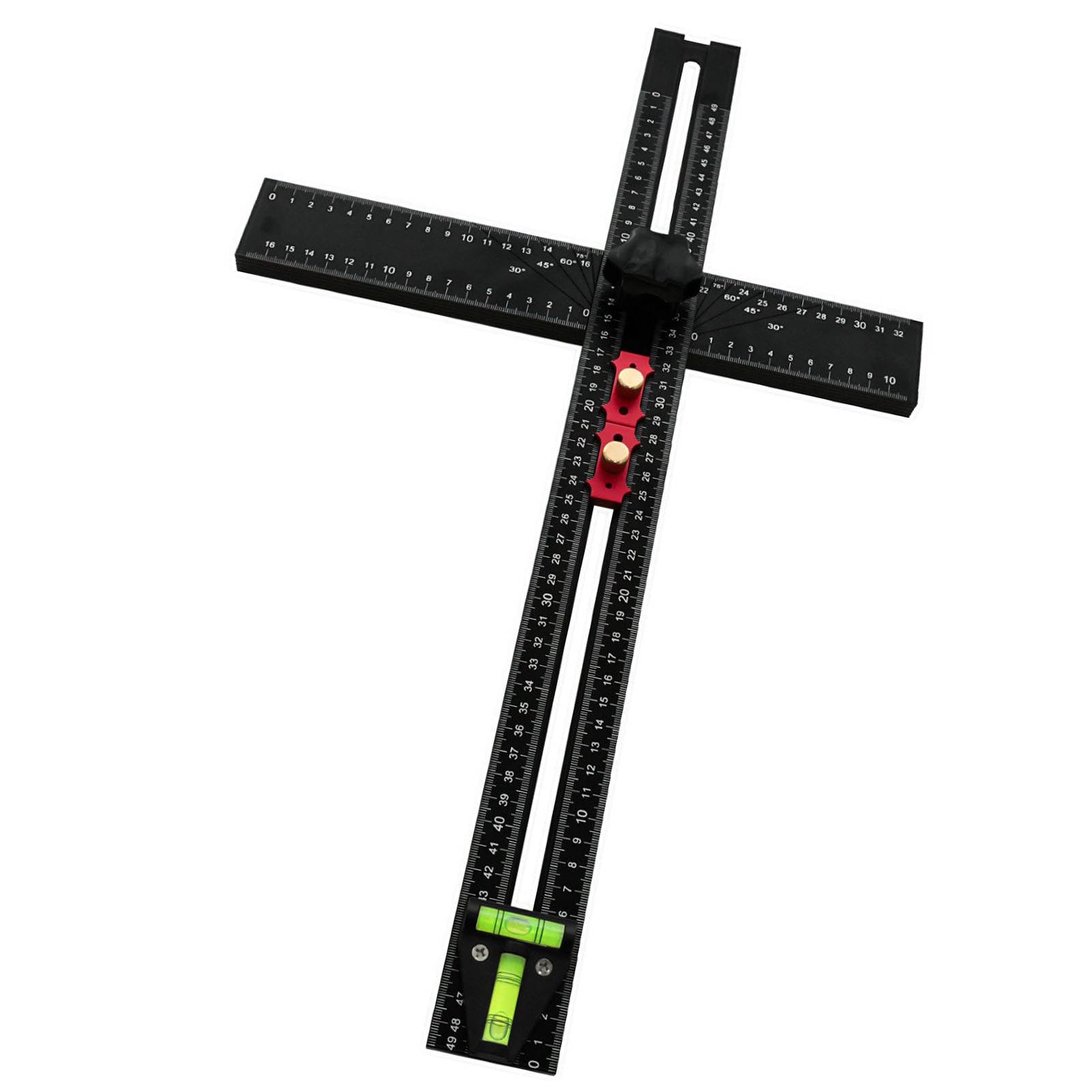 Équerre en T de 54 cm avec niveau à bulle, outil de mesure multi-angles pour le travail du bois, règle combinée réglable avec angles de 45° et 90°, alliage d'aluminium, noir