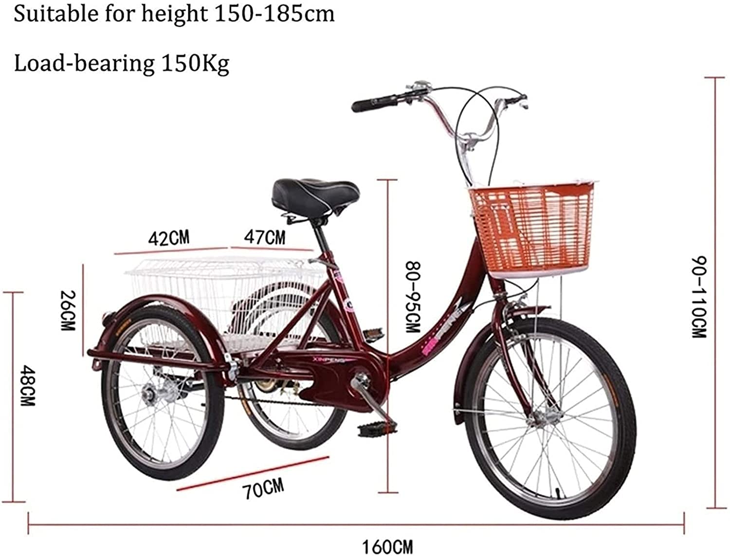 GRDDBZA Adult Tricycle - 3 Wheel Bikes for Adults Shopping Adult Tricycles Cargo 1 Speed Freight Trikes 20 Inch 3 Wheel Bikes for Adults with Large Basket for Recreation, Shopping, Picnics