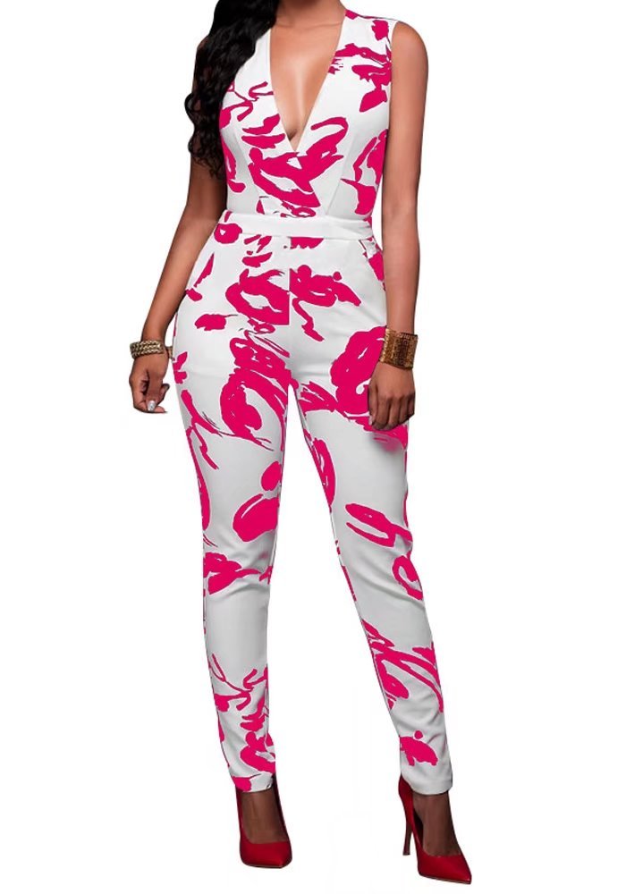 LAFASO Women's Deep V Neck Sleeveless Floral Print Bodycon Jumpsuit Romper Pants
