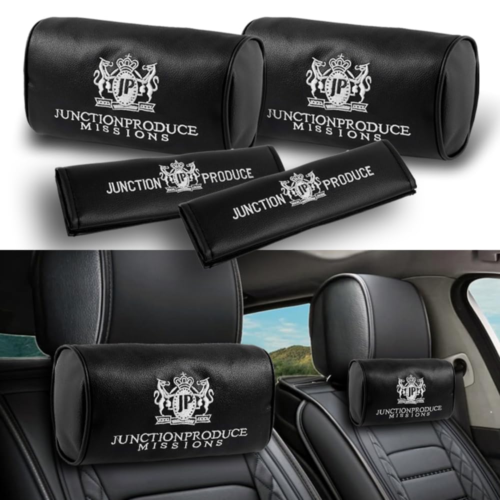 W-POWER 4PCS Junction Produce JDM Car Neck Pillow Headrest + JP VIP Embroidery Car Seat Belt Cover Set (Black)