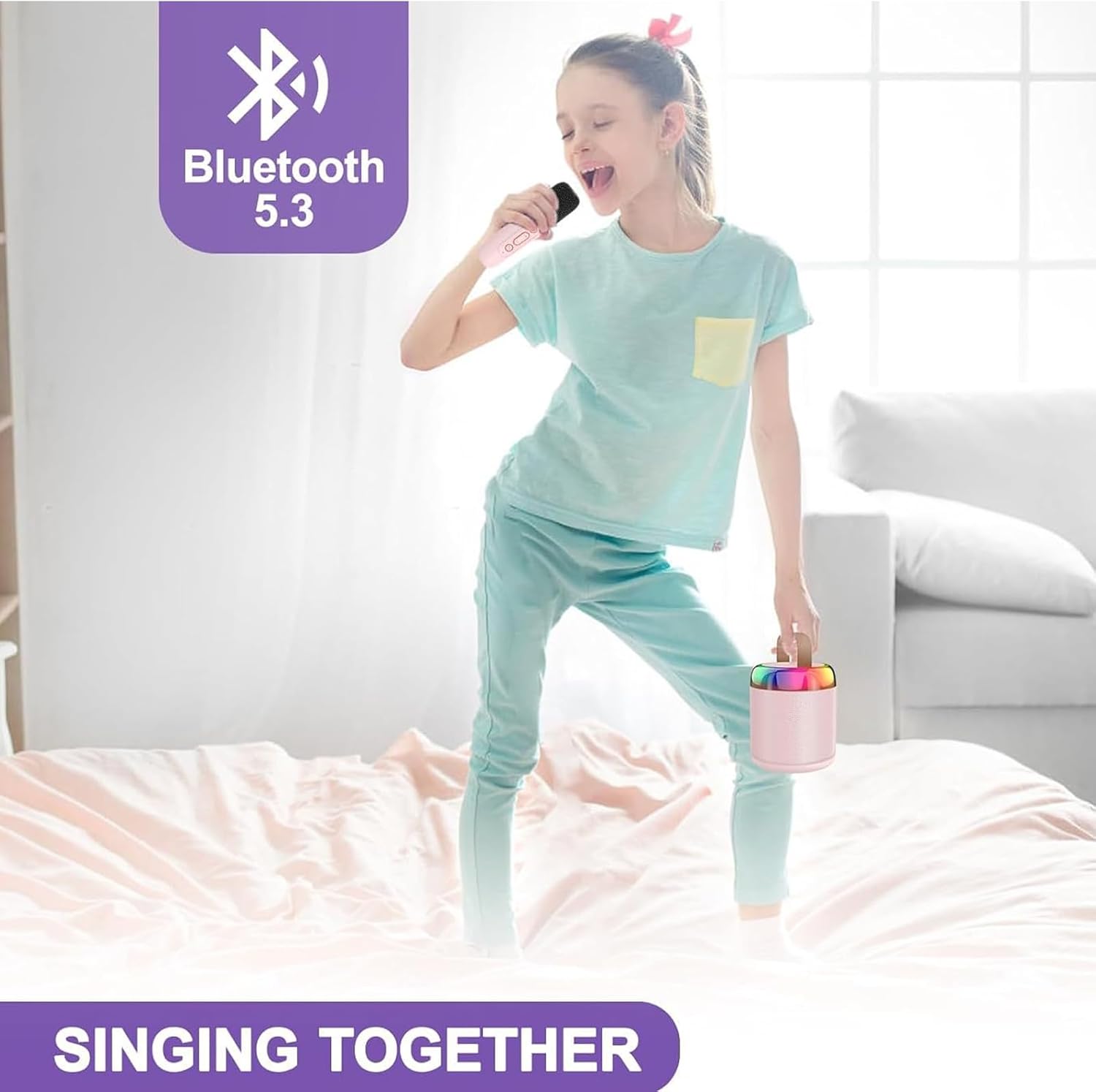 Karaoke Machine for Kids Adults, Mini Karaoke Machine BT Speaker with 2 Microphones, Rechargeable Voice Box Handheld Mic Karaoke Mic Speaker for Home Party KTV Singing