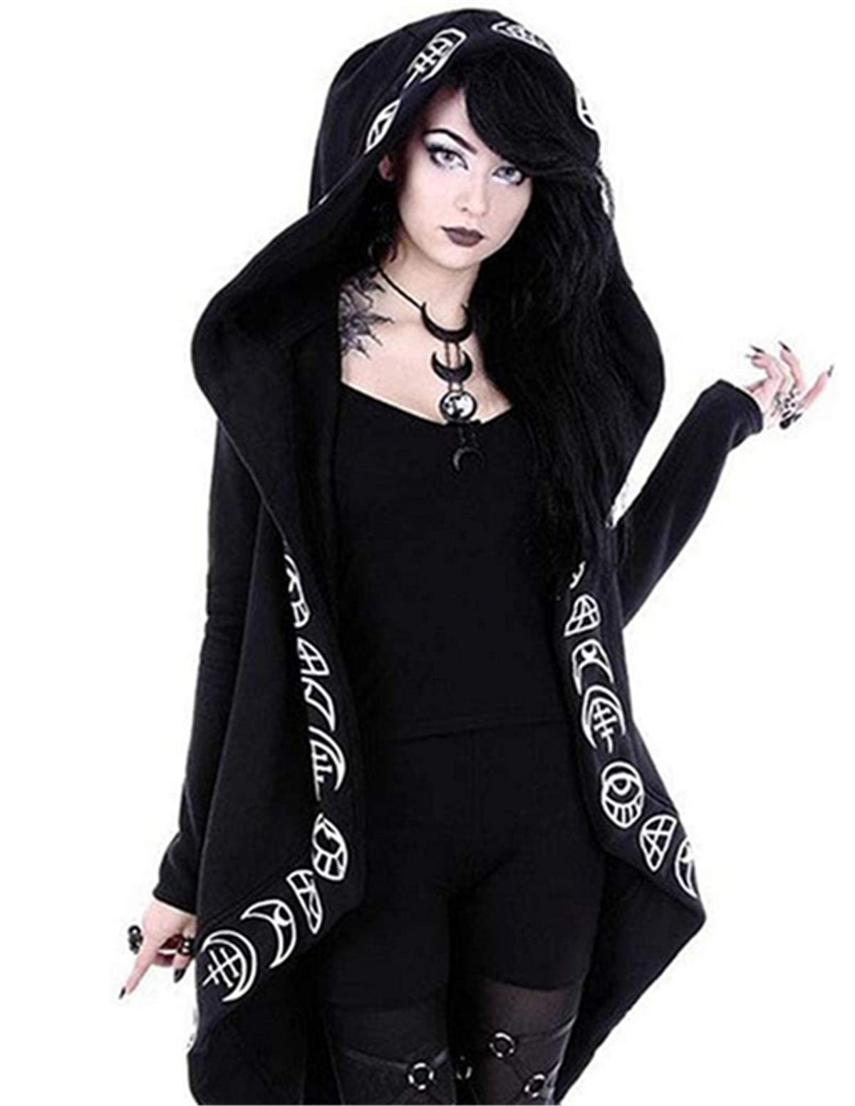 Bestwo Women’s Moon Gothic Witchcraft Hooded Cardigan Occult Long Sleeve Punk Hoodie Jacket Mid Long Sweatshirt