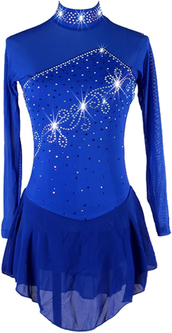 Students Rhinestone Long Sleeve Royal Blue Womens Ice Skating Dress