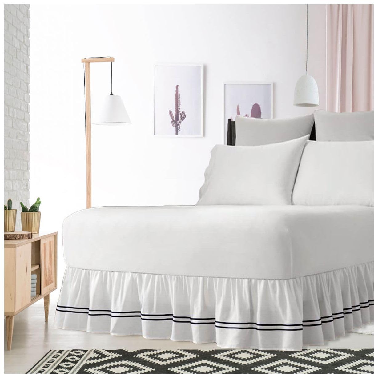 2 Line Embroidered Black Color on White Fabric Gathered Bed Skirt 16 Inches Drop 400 Thread Count Egyptian