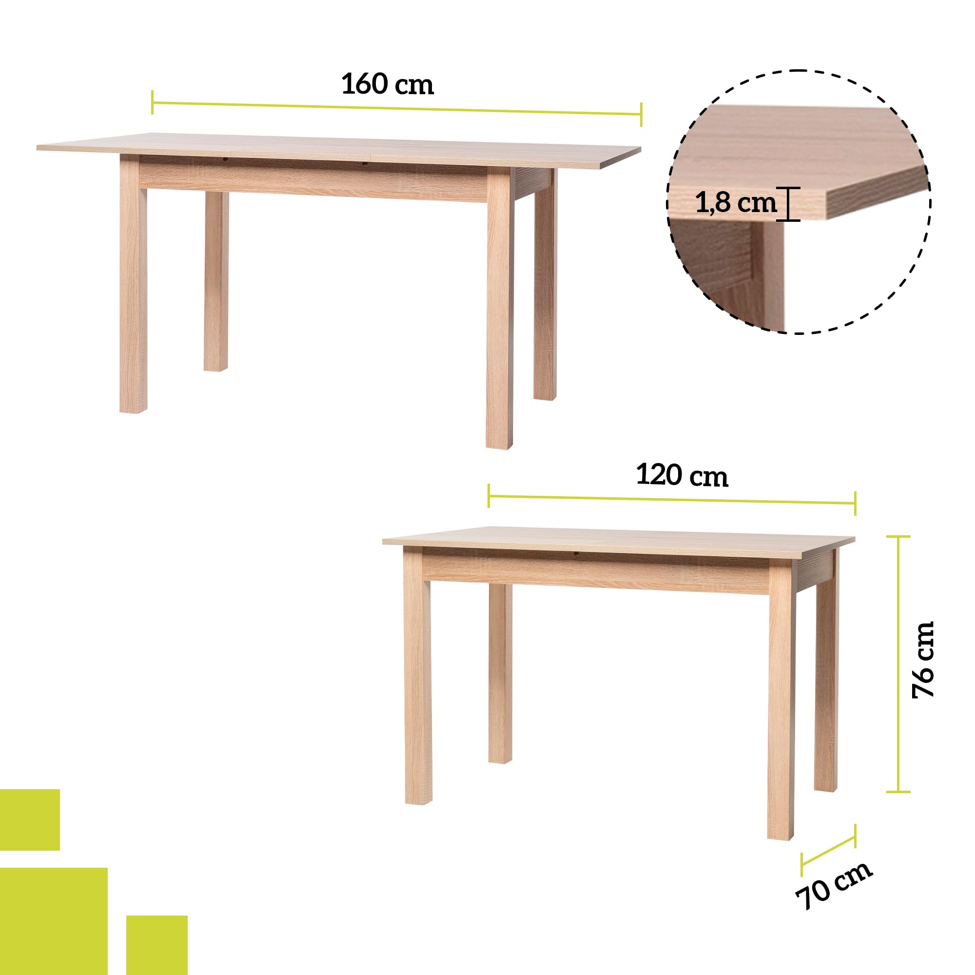 smart Esstisch 120x70 cm Eiche, Küchentisch ausziehbar bis 160 cm, Esszimmertisch aus Holzwerkstoff inkl. erweiterbare Auszugsplatte, moderner Tisch für bis zu 8 Personen