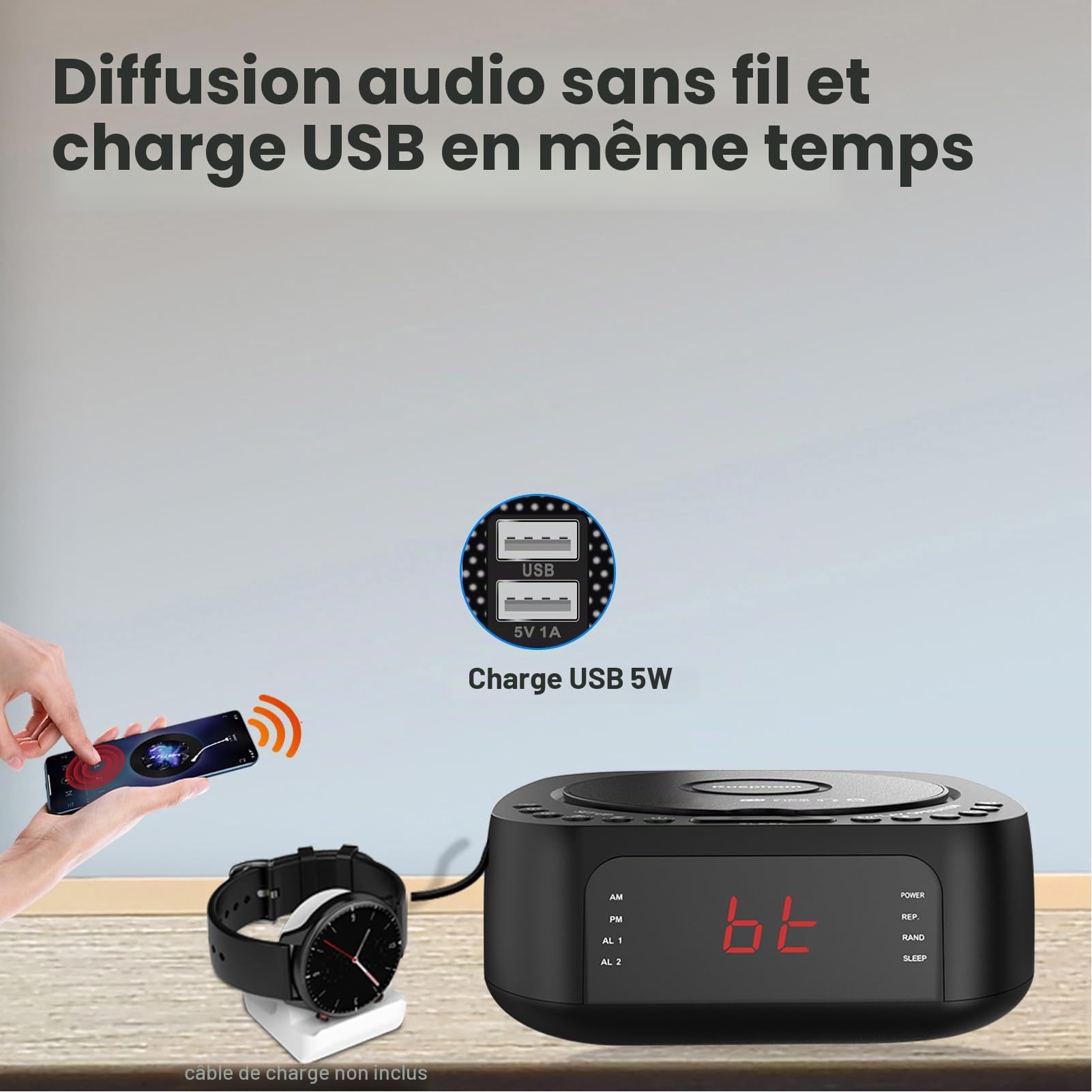 Zunate Lecteur CD Audio, Lecteur de Musique CD Portable avec Réveil, Chargement USB, Affichage à intensité Variable, Radio Bluetooth de Bureau avec Haut-Parleur, Télécommande pour (Prise UE)