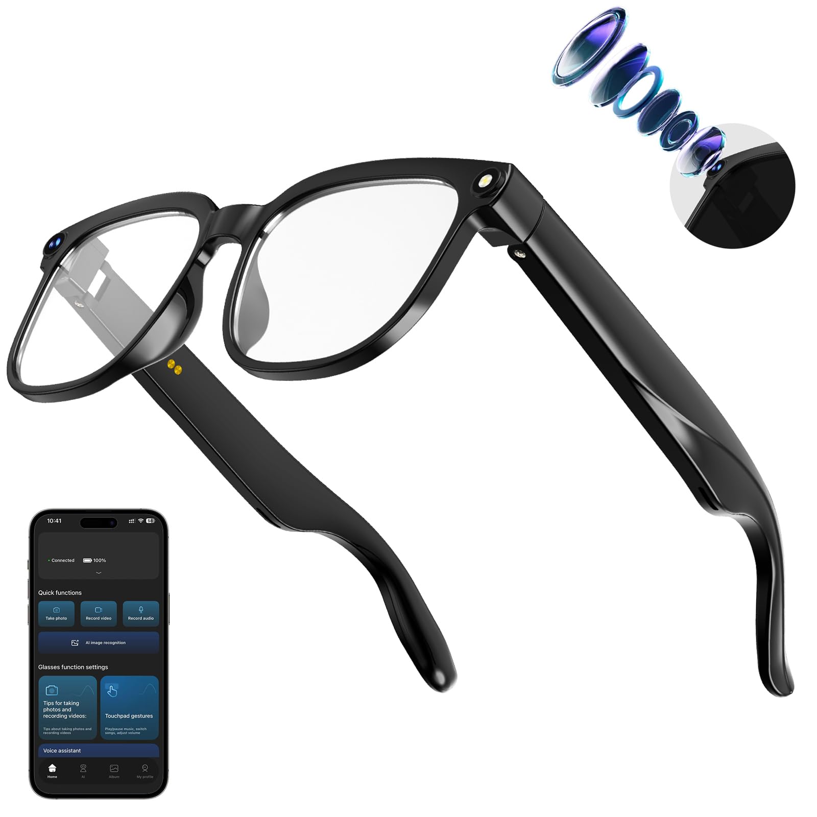 AI Smart Glasses with Camera, 1080P EIS Video, Bluetooth Music