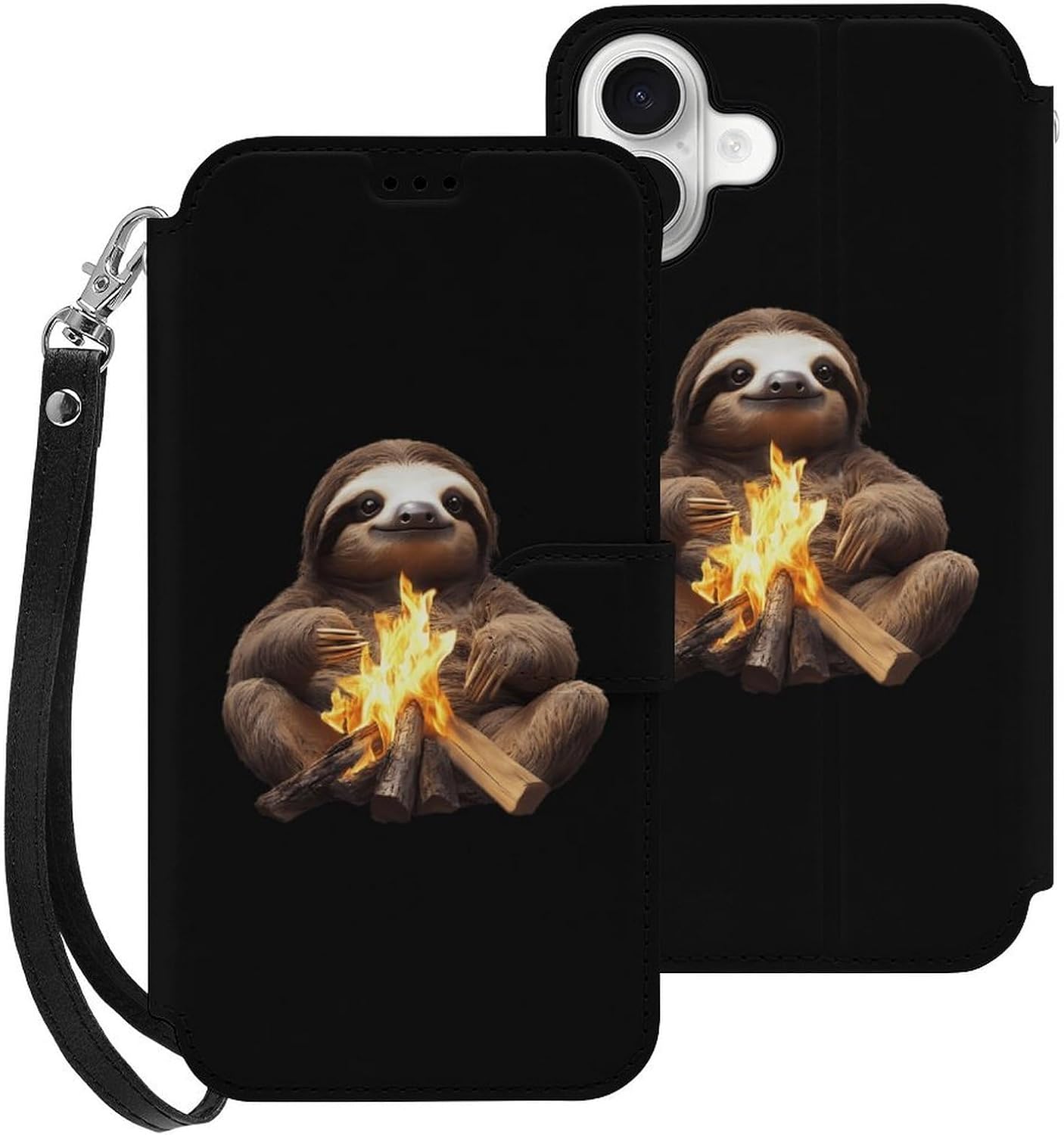 Funny Campfire Sloth Compatible with iPhone 16/16 Plus/16 Pro/16 Pro Max/16 E Case Phone Wallet Card Holder Flip Cover with Wrist Strap