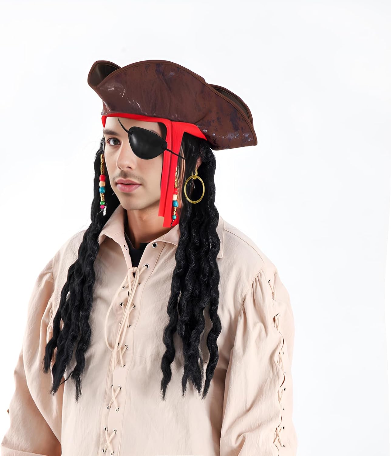 Yolyoo Pirate Hat with Dreadlocks Faux Leather Tricorn Pirate Hat Pirate Captain Hat Costume Accessories Eye Patch Earring for Halloween Cosplay Party - Image 7
