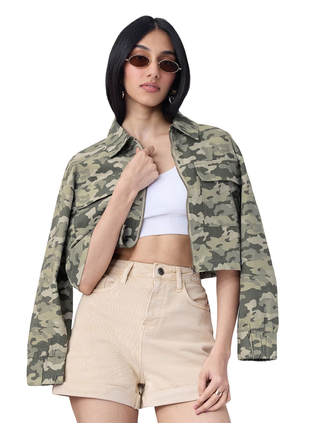 Desert Olive Women and Girls Full Sleeves Spread Collar Camouflage Printed Cotton Oversized Fit Lightweight Utility Jacket-image-6