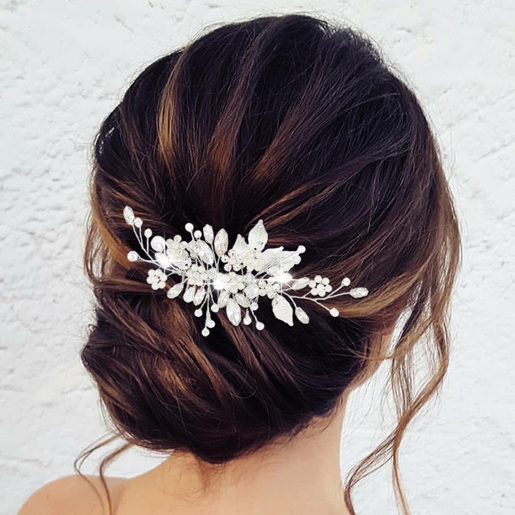 Catery Bridal Hair Comb Silver Prom Piece Wedding Accessories for Brides | Rhinestone Bride Hair Accessory Pieces Pearl Side Clip Leaf Decorative Hair Combs Headpiece Bridesmaid