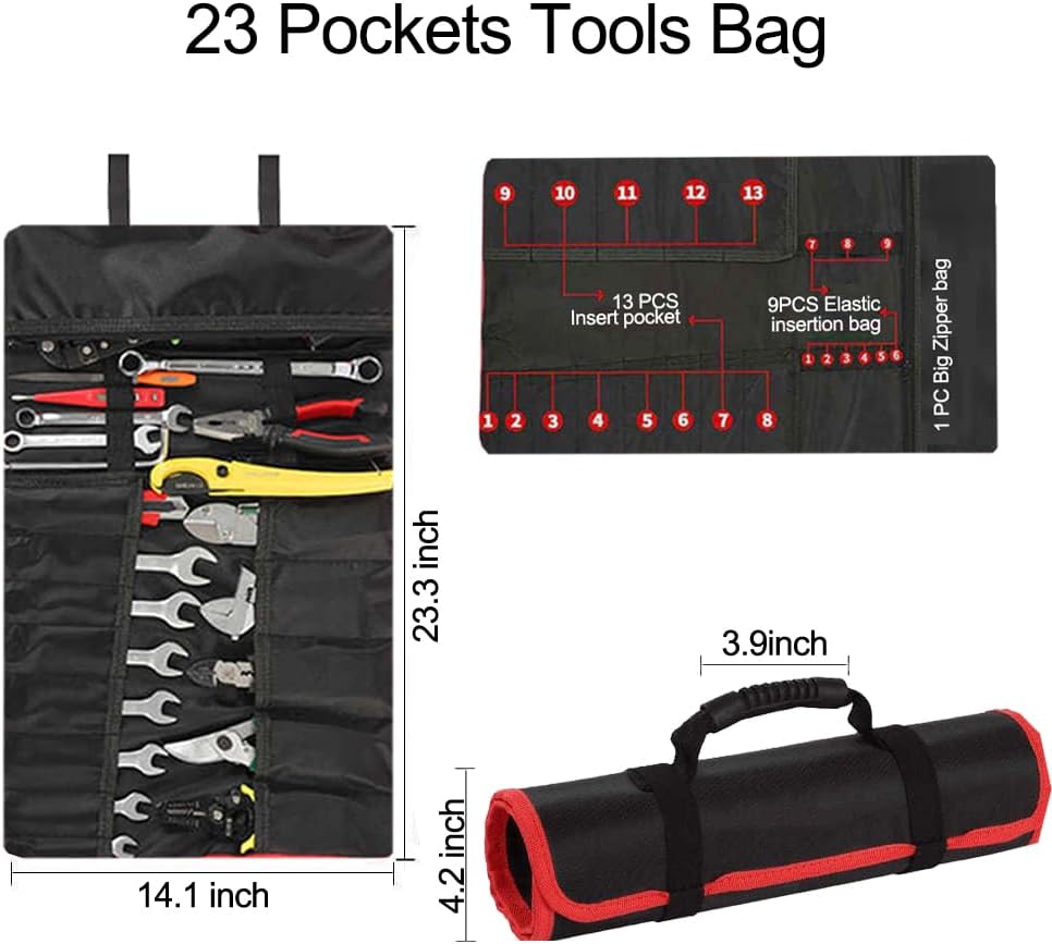 23 Pocket Tool Roll Up Bag for Wrenches & Spanners - Heavy Duty Oxford Organizer Pouch with Elastic Loops & Zipper Pocket, Portable Mechanic Storage Case for Motorcycle Truck Emergency Kit