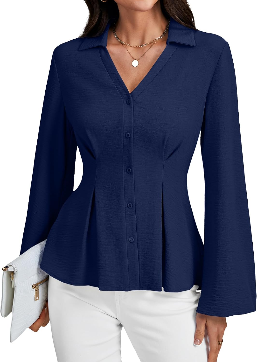 Rooscier Women's Collared V Neck Button Down Pleated Bell Long Sleeve Business Blouses Tops