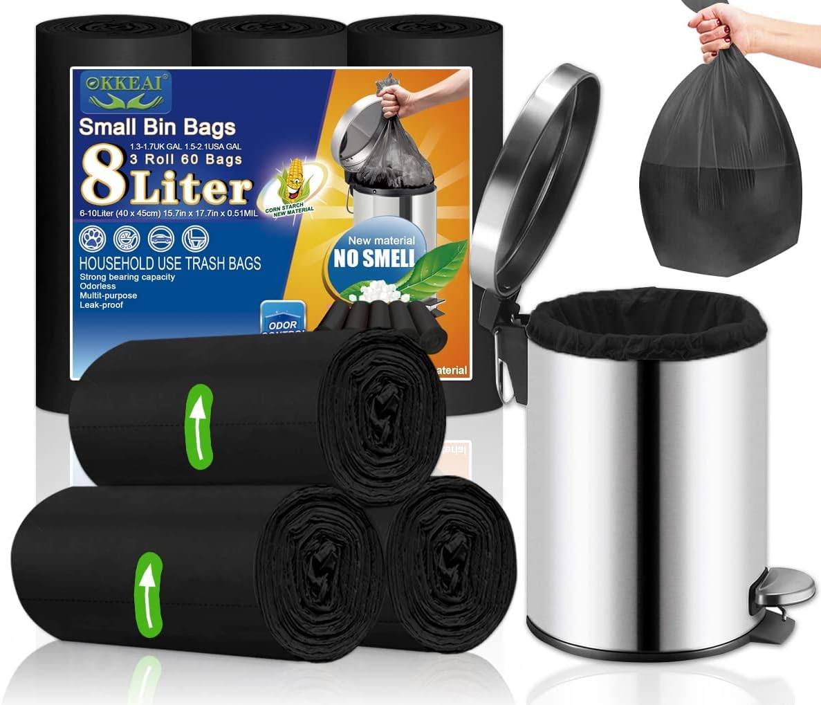 OKKEAI Bathroom Bin Liners Small Black Bin Bags Pedal Waste Bags 8l Mini Garbage Bags 60 Counts ...