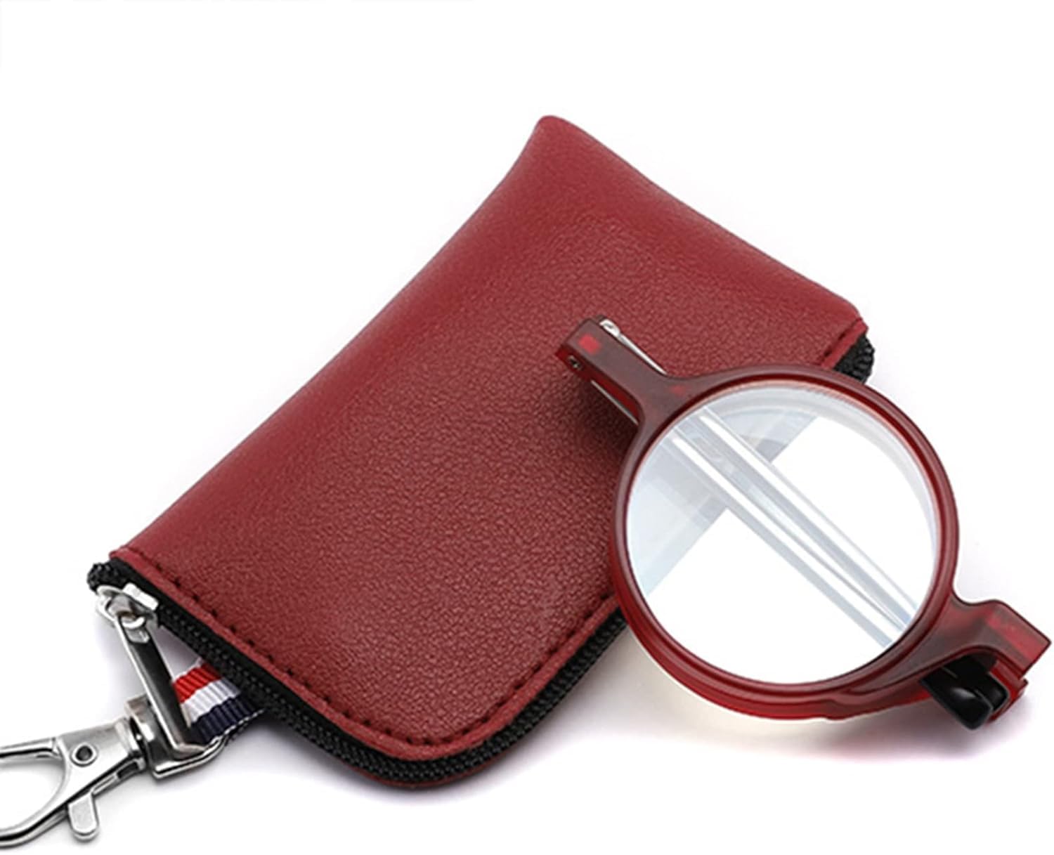 Mini Occhiali da Lettura Pieghevoli Anti-Luce Blu per Uomo E Donna, Montatura Rotonda, Nerd Reader, con Portachiavi E Custodia in Pelle, Red, 2.5X