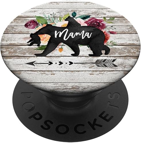 Mama Bear Dos Cubs Twins Rustic Barn Wood Watercolor Floral - PopSockets Grip and Stand for Phones and Tablets Negro Negro