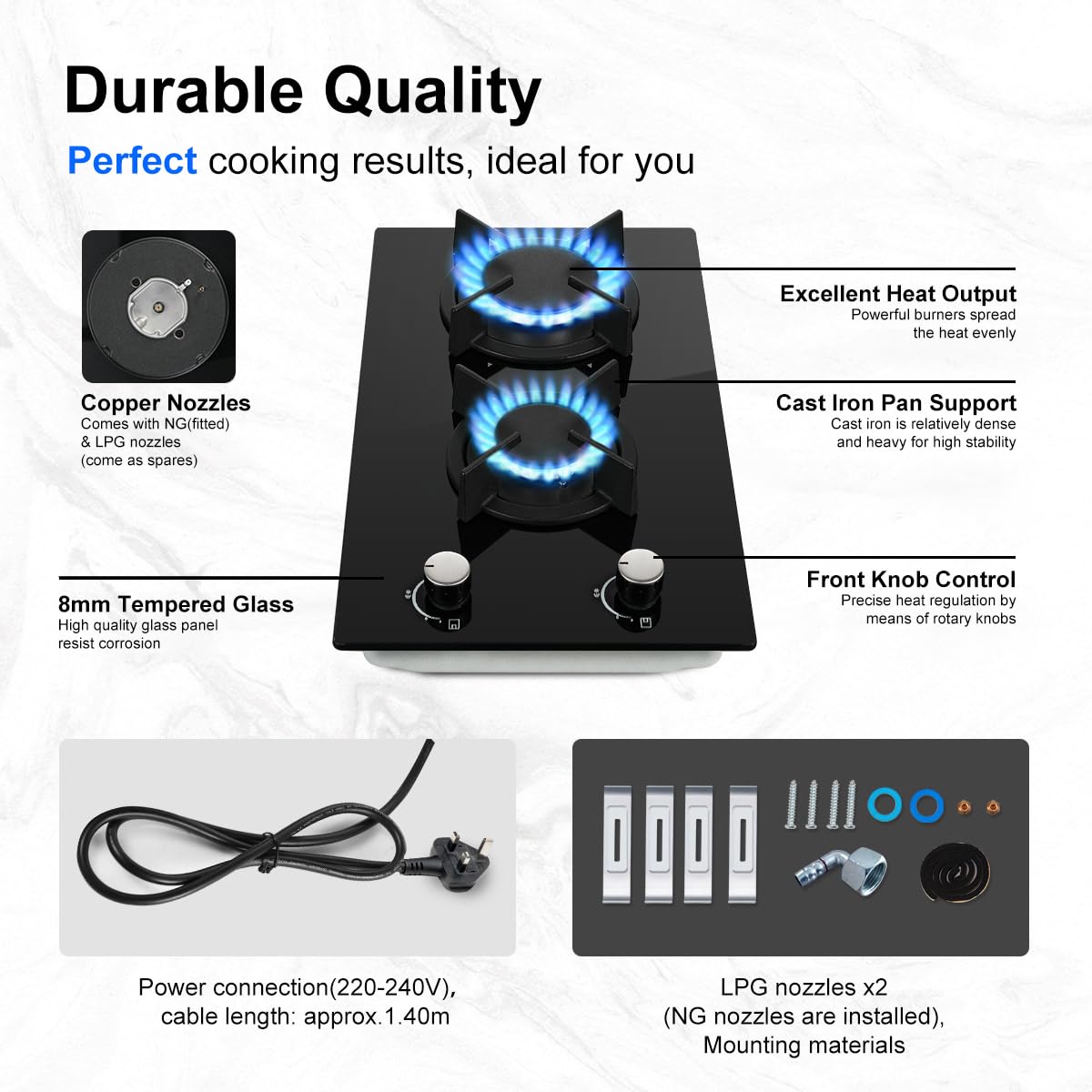 SNDOAS 2 Burners Gas Hob, Black Glass Gas Hob Flame Failure Protection, NG/LPG Convertible, Cast Iron Pan Support, 30cm, 2400 W/1800 W — view 3