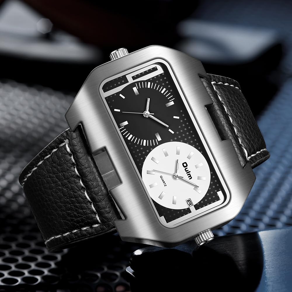 OIDEA Reloj de cuarzo con fecha de doble hora, esfera cuadrada grande