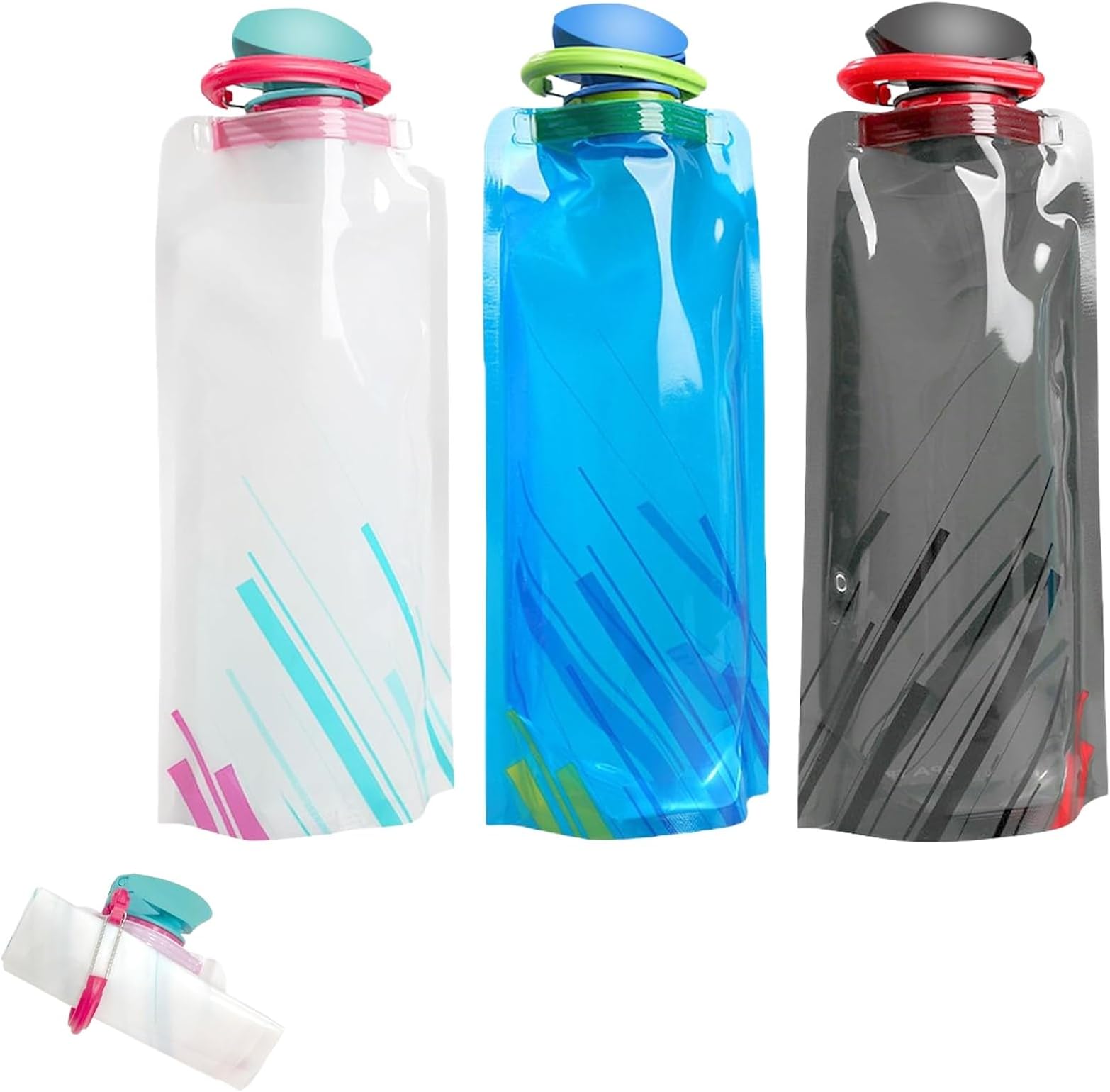 700ml Large Foldable Water Bottle (3 Pack), Fully Collapsible & Portable Drink Bag for Running, Cycling & Outdoor Sports Easy to Carry with Hook