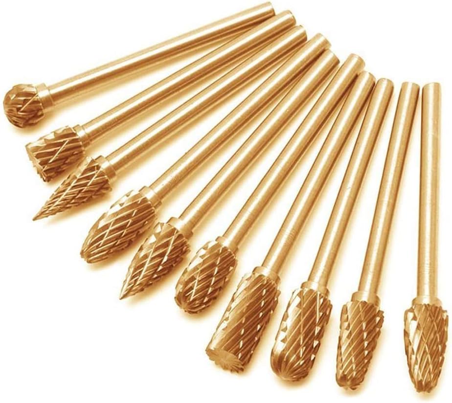 Mesee 10Pcs Double Cut Titanium Carbide Rotary Burr Set, 1/8"(3mm) Shank and 1/4"(6 mm) Head