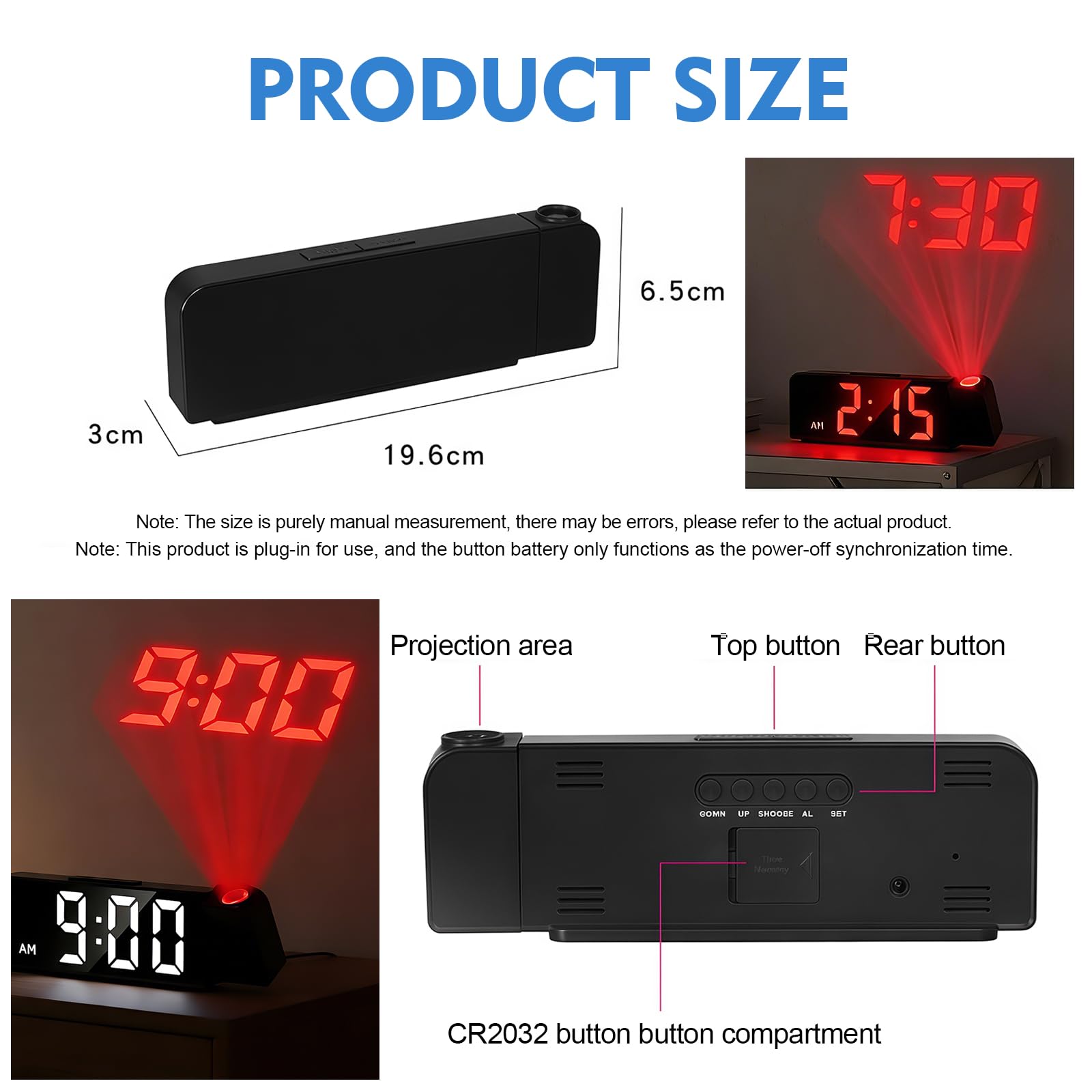 Projektionswecker für Schlafzimmer mit 180° Projektion, Digitaler Wecker mit LED Bildschirm, Temperaturanzeige, 12/24H Anzeige, USB Anschluss, Nachttisch und Büro