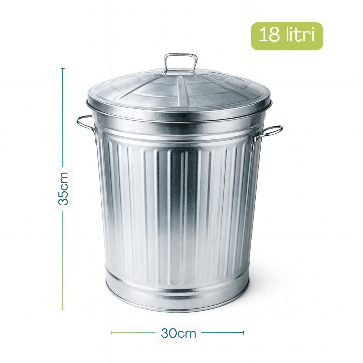 PALUPLUS Bidone per Rifiuti in Metallo Zincato, Misura 30x30x35 cm, Pattumiera con Coperchio e Maniglie, Secchio per Immondizia Antiruggine da Esterno -3546C -1,90 (18 Litri)