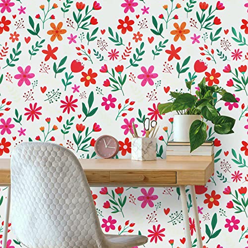 Ismoon Floral Peel And Stick Wallpaper Leaf Contact Paper 15.7"X118''Red Floral Wallpaper Boho Wallpaper Waterproof Removable Self Adhesive Paper Decorative Wall Cabinet Shelf Drawer Liner Vinyl Roll #TOP7