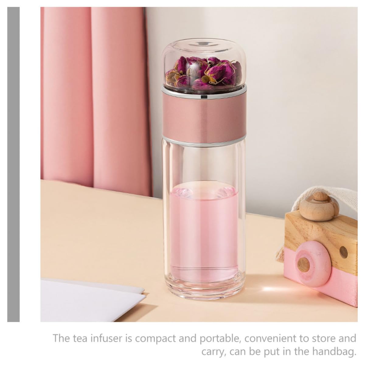 Botella Infusora de Té de Vidrio 250ml Colador y Tapa Hermética, Diseño Compacto Prueba de Fugas Adecuado para Viajes y Bolso