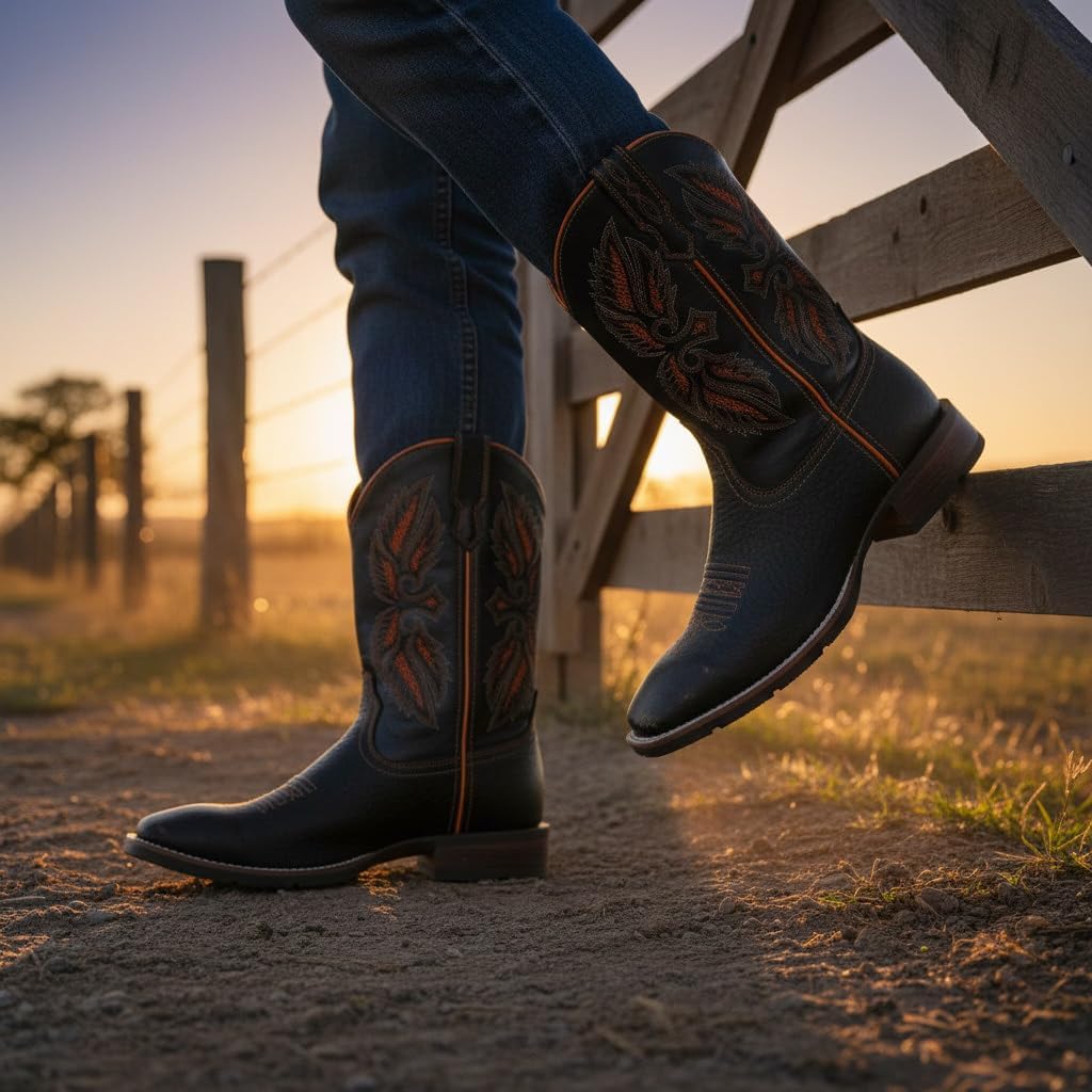 SUREWAY Cowboy Boots For Men - Mens Square Toe Embroidery Western Boot,Oil/Slip Resistant,Durable Classic Pull on 10 Inch Wellington Boots - Soft Toe Full Grain Leather Work Boots - Image 2