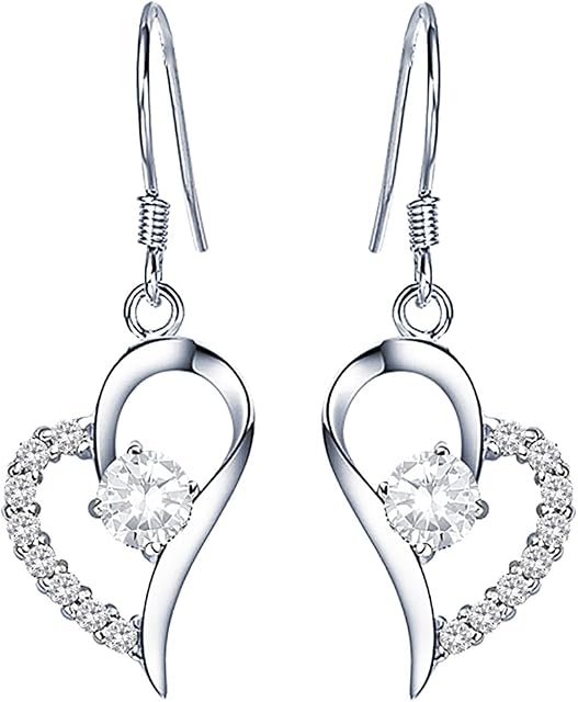 QUKE 925 Sterling Silver Love Heart Shape Cubic Zirconia Crystal Chandelier Dangle Drop Earring For Women Girls