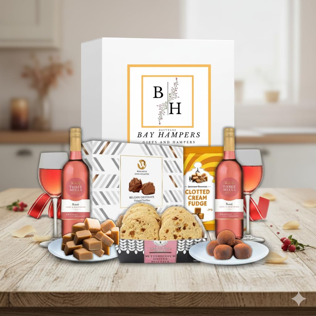 Wine gifts -2x Mini 18.7ml Rose Wine and Chocolate Gift Set - Border Biscuits - Chocolate truffles - Fudge Gift Set- Birthday Hampers for Women - Valentines Day - Mothers Day Chocolates Gifts Fathers