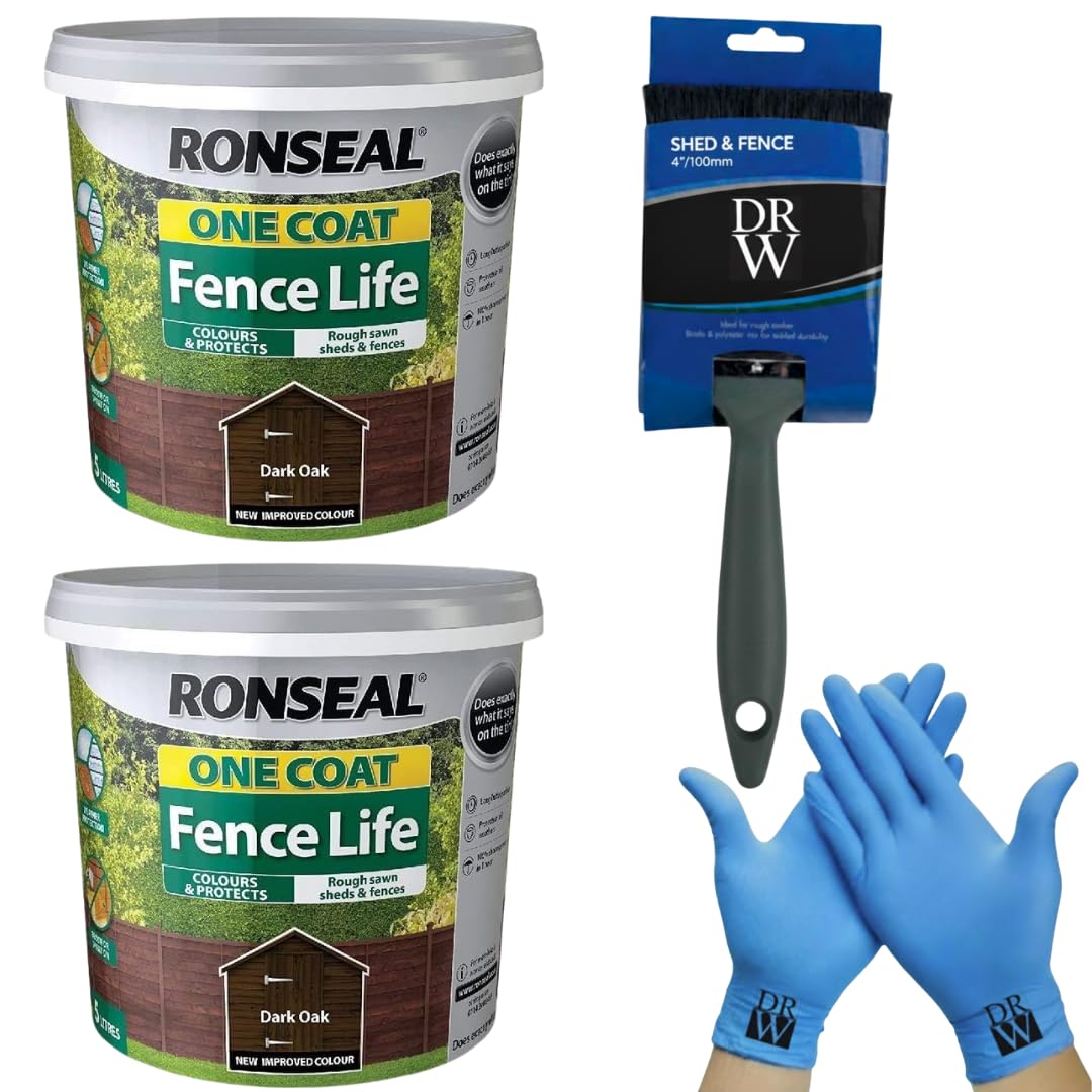 DRW 2 x One Coat Shed & Fence Protector 5L Dark Oak + Free 4" Fence Paint Brush & Nitrile Gloves | 10L Total | Long-Lasting Weatherproof Wood Protection for Sheds, Fences & Outdoor Timber