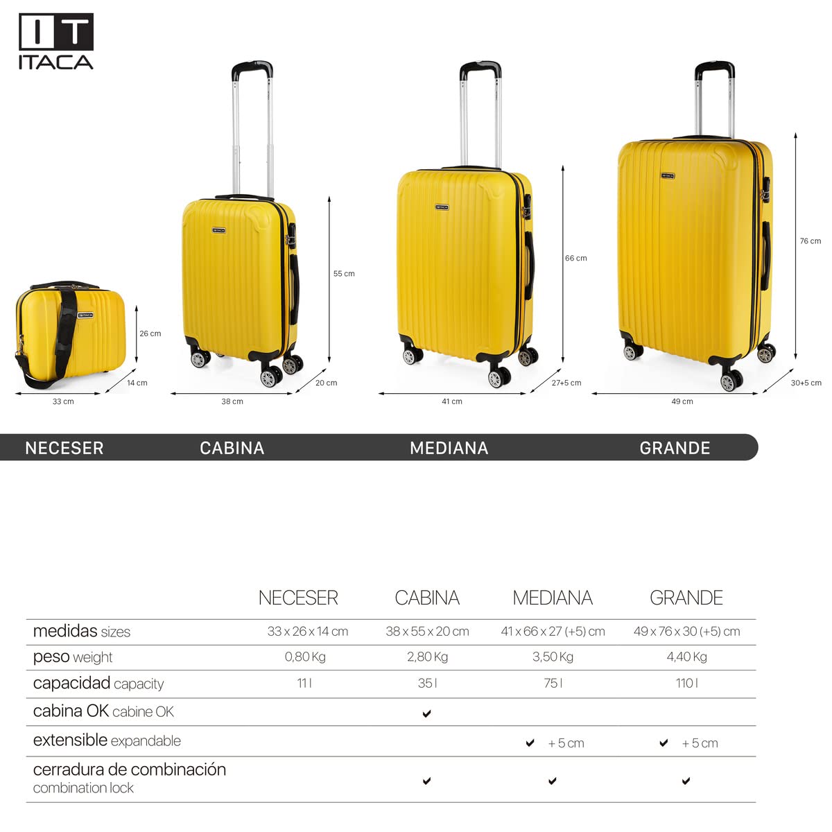 ITACA - Walizka na wózek, 50 cm, kabina, ABS. Bagaż podręczny. Sztywny i lekki. Rękojeść teleskopowa, 2 uchwyty i 4 koła. Tanie loty Ryanair Vueling T71550, Żółty