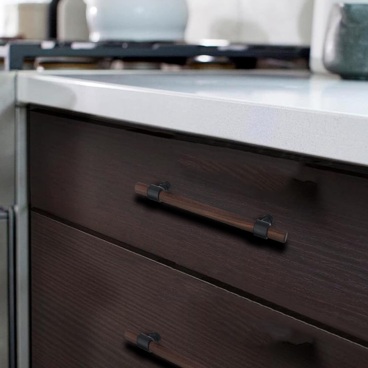 LBFEEL 5" Walnut and Black Drawer Pulls Wooden Dresser Knob Kitchen Cabinet Knobs and Handles (1, 5" Hole Centers)