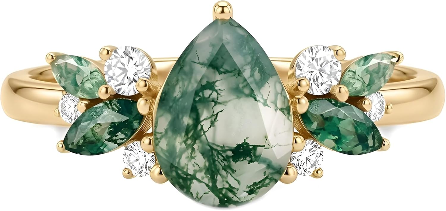 Natural Green Moss Agate & Moissanite Ring, 925 Sterling Silver Green Moss Agate Engagement Ring Gift for Women