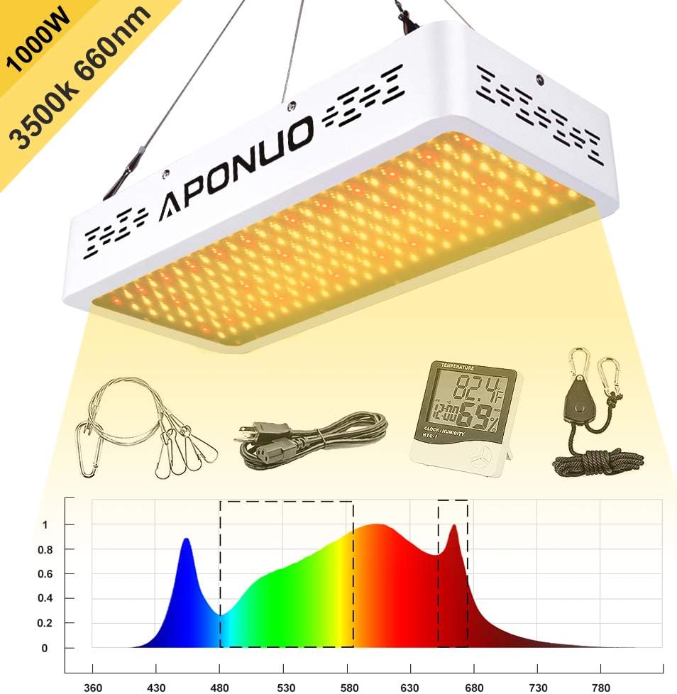 APONUO Led Grow Light 1000W Full Spectrum Sunlight 3500K White and 660nm Red Added Grow Lights for Indoor Plants Hydroponic Veg Bloom Seedling with Thermometer Hygrometer