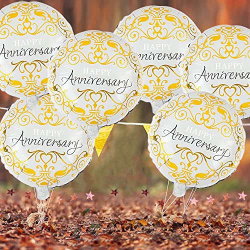 Image of AMFIN (Pack of 6) Happy Anniversary Round Foil Balloons for Wedding, Anniversary, Party Decoration /Anniversary Decorations Items Combo for Home Balloon - White & Golden