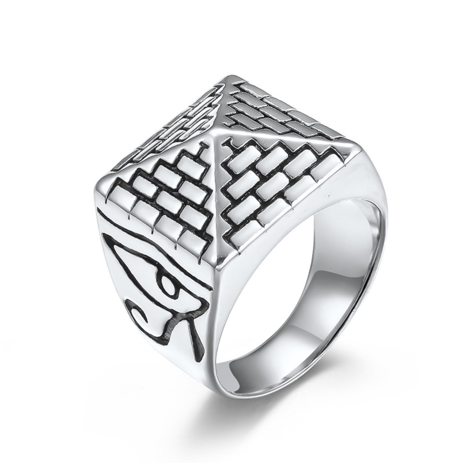 VHJdtE Rings, Egyptian Pyramid & Horus Eye Ring, Titanium Steel Men's/Women's Ancient Egypt Jewellery(Silver,Q)