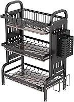 Escorredor de Louça Inox 3 Andares com Bandeja Coletora de Água e Base Antiderrapante Modular, Versátil e Antiferrugem Preto Porta-Pratos Talheres Copos Organização Casa e Cozinha Suspenso LEUZZA