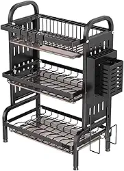 Escorredor de Louça Inox 3 Andares com Bandeja Coletora de Água e Base Antiderrapante Modular, Versátil e Antiferrugem Preto Porta-Pratos Talheres Copos Organização Casa e Cozinha Suspenso LEUZZA