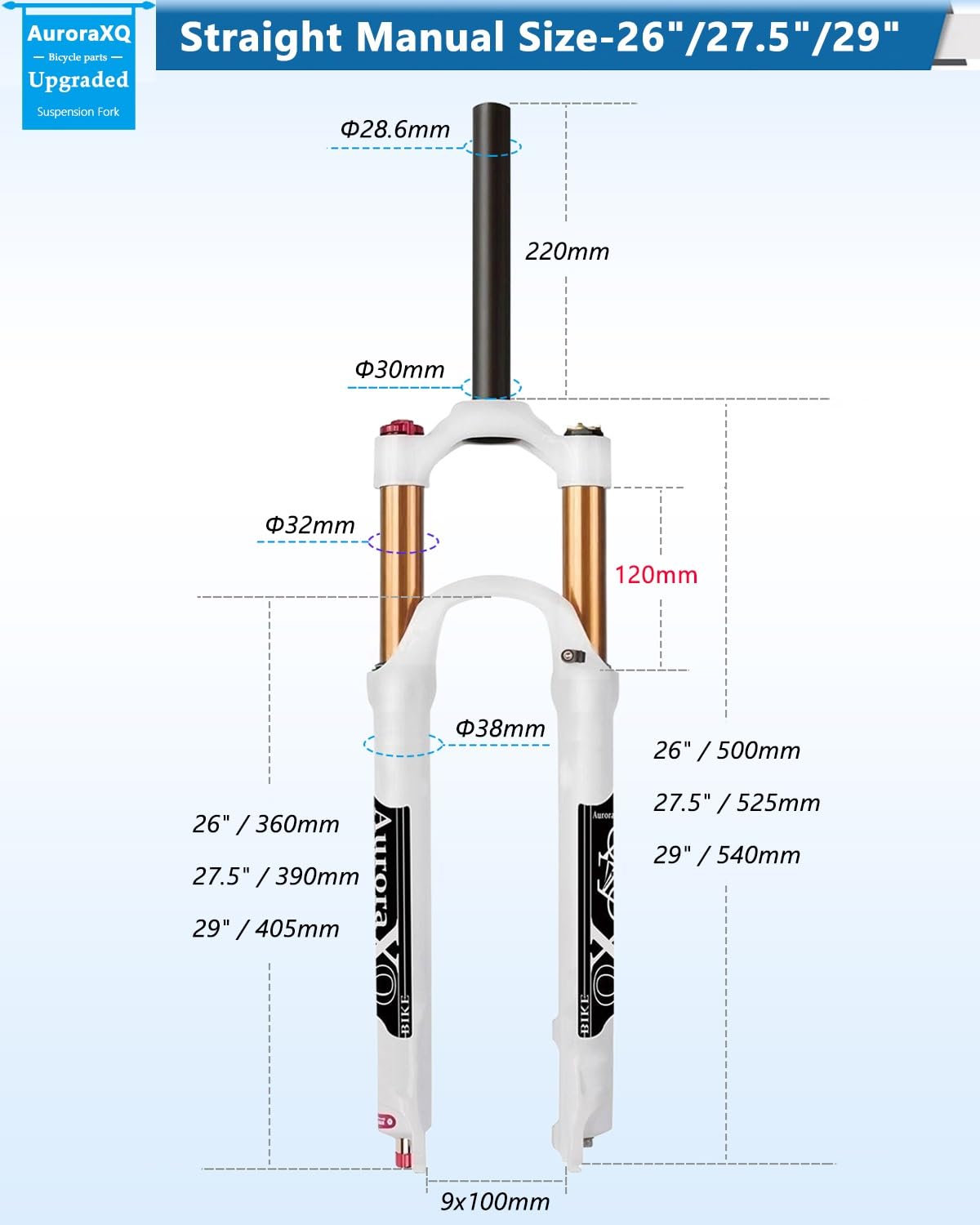 Horquilla de suspensión neumática XQ para MTB, 120 mm de Recorrido, Horquillas de montaña de 26/27,5/29", Ajuste de Rebote, Tubo de dirección cónico/Recto, Cierre rápido de 9 mm, XC Am MTB