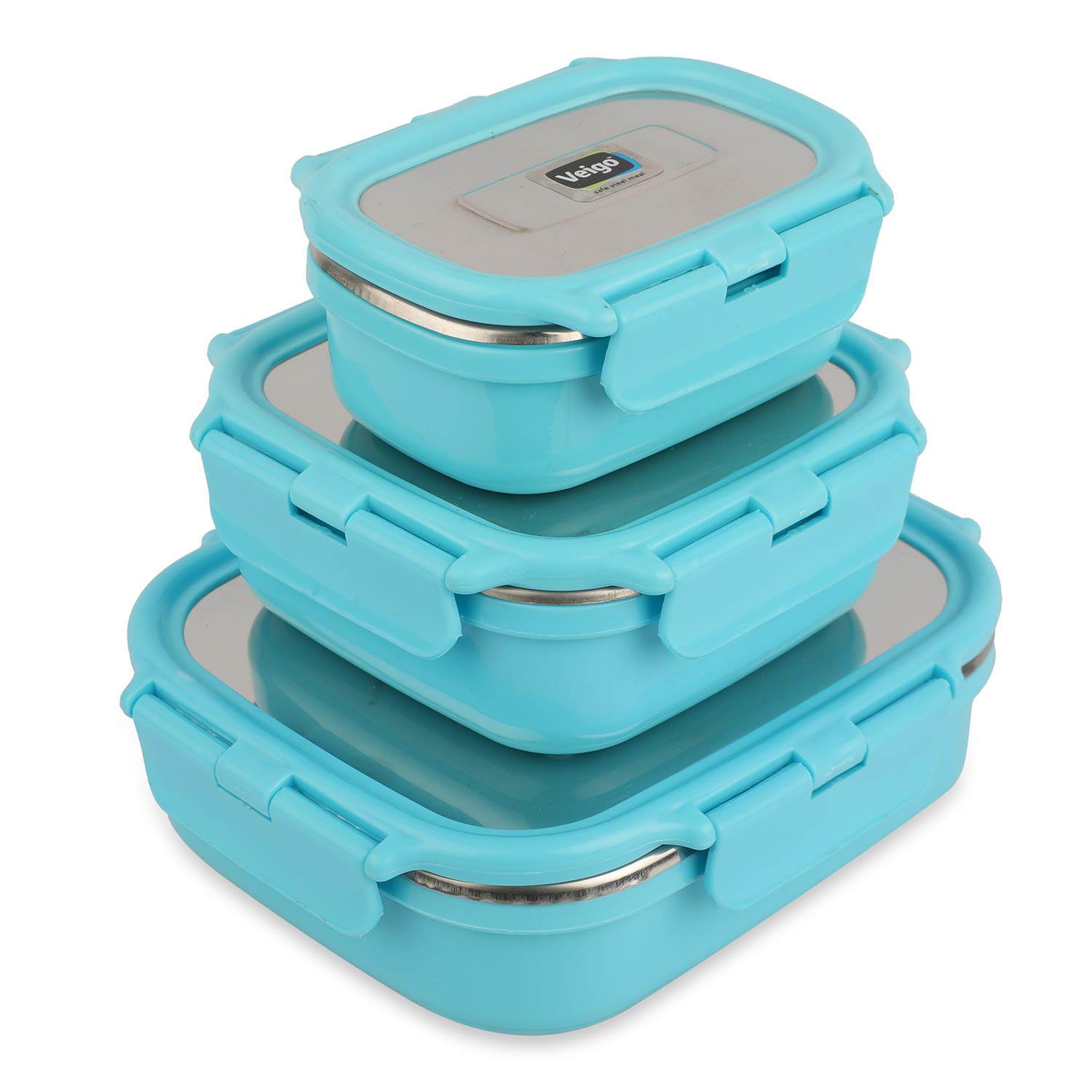 Veigo Premium Finish Classic 3 Pcs Celebration Stainless Steel Containers, Sky Blue,(Big 630 ml,Medium 330 ml & Small 180 ml)