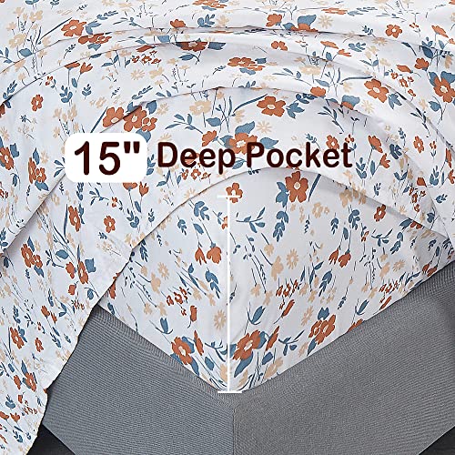 Image of Softan Floral Twin Size Sheet Set, Orange Flower Printed Bed Sheets for Girls, 3-Piece Microfiber Single Fitted Sheet with 15 inch Deep Pocket & Non-Slip Straps, Patterned Bedding Sheets & Pillowcase Set