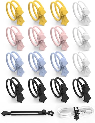 16 Pack Silicone Cable Ties, Reusable Star Design Cord Organizer Straps With 2 Binding Methos, Durable & Stretchable Wire Management for Home, Office, Travel (Colorful)