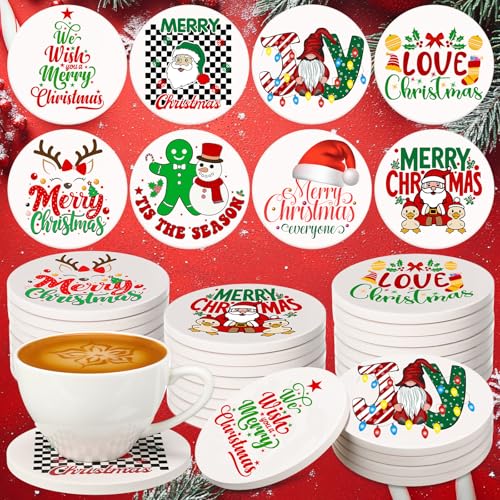 Patelai 24 Pcs Christmas Coasters for Drinks Christmas Ceramic Coaster