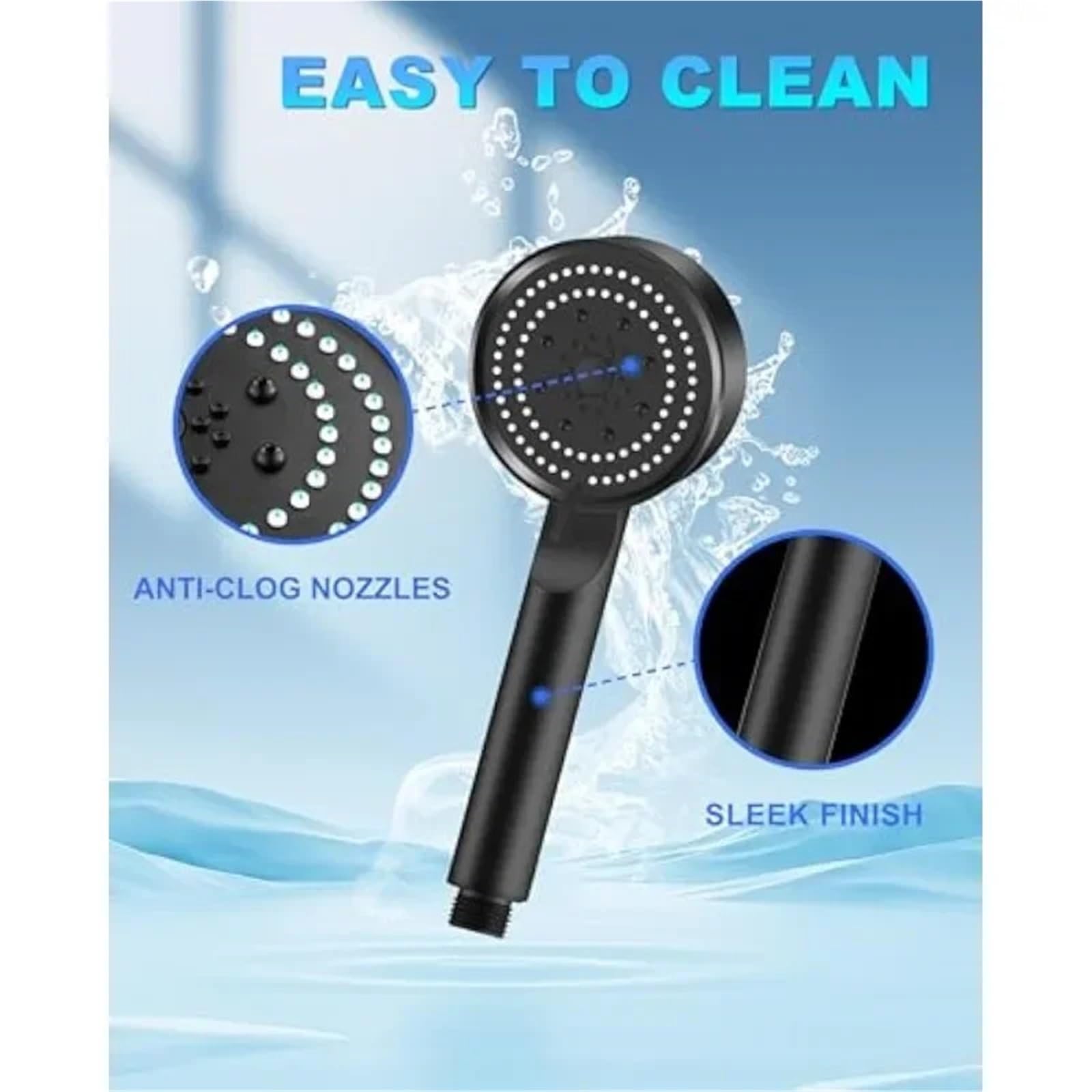 Cabezal de ducha de mano de alta presión de 5 modos, diseño de ahorro de agua con función de impulso fuerte, cabezal de ducha de plástico negro de alta calidad para una experiencia similar al spa