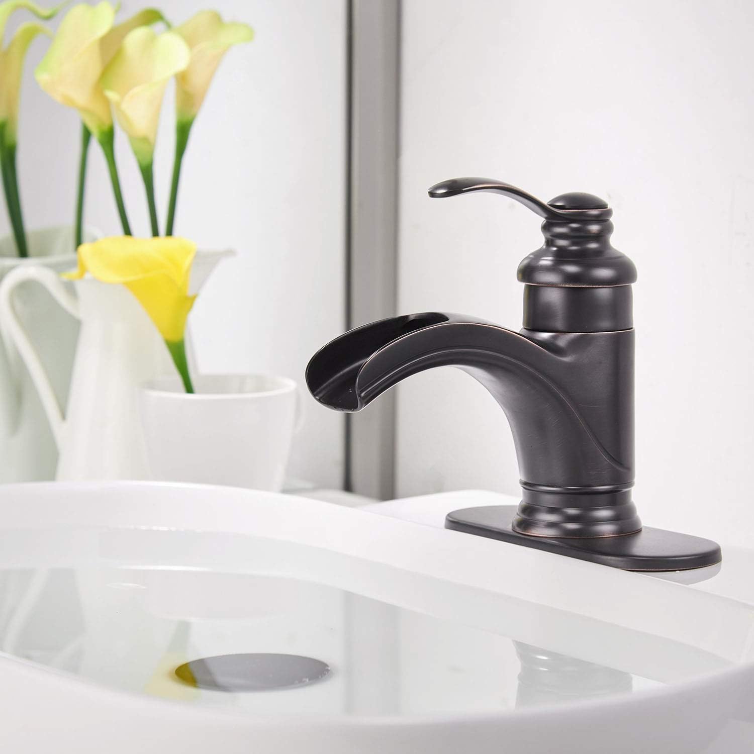 Buy 1 get 1 🔥 Homevacious Waterfall Bathroom Faucet Oil Rubbed Bronze Single Handle Black Bath Tub Lavatory Sink Vanity Basin Faucets One Hole Lever Mixer Tap Deck Mount Brass Commercial Supply Hose Cupc Lead-Free