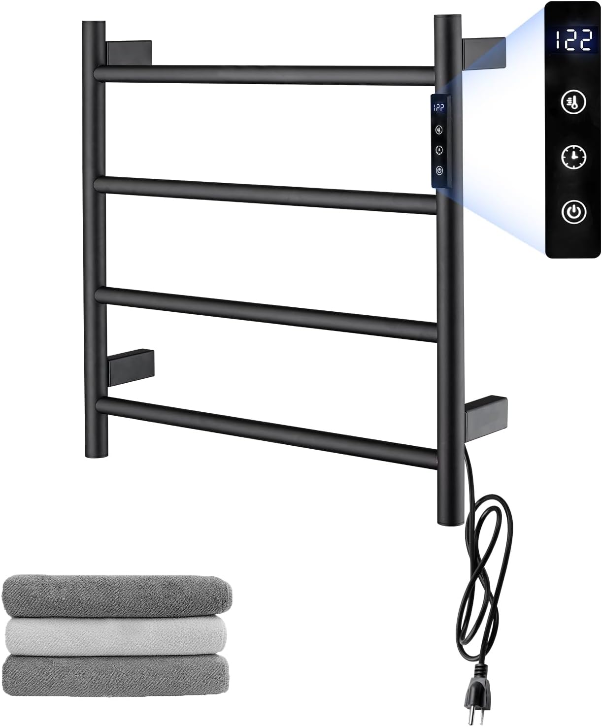 Heated Towel Racks,4 Bars Towel Warmer Rack for Bathroom, Wall Mounted Electric Towel Warmer with Timer, Plug-in/Hardwired Towel Dryer Rack Matte Black